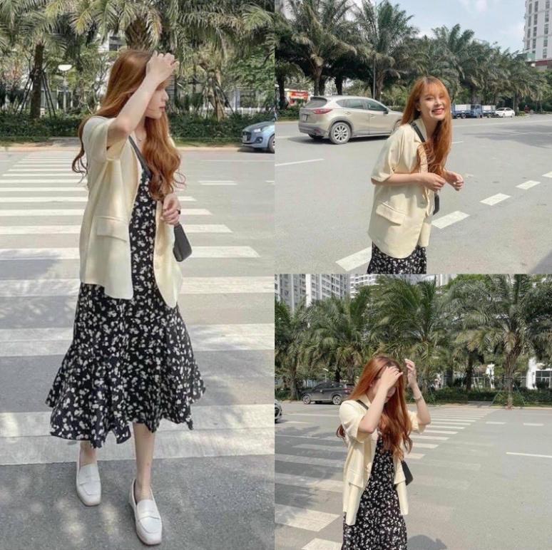 Áo blazer phối cùng chân váy hoa trông rất xinh xắn và thanh lịch