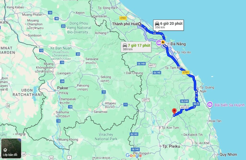 Quãng đường Huế đi Măng Đen bao nhiêu km?