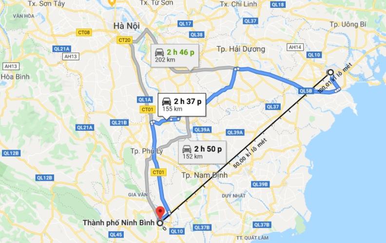 Ninh Bình cách Hải Phòng khoảng 145 - 170 km tùy thuộc vào tuyến đường