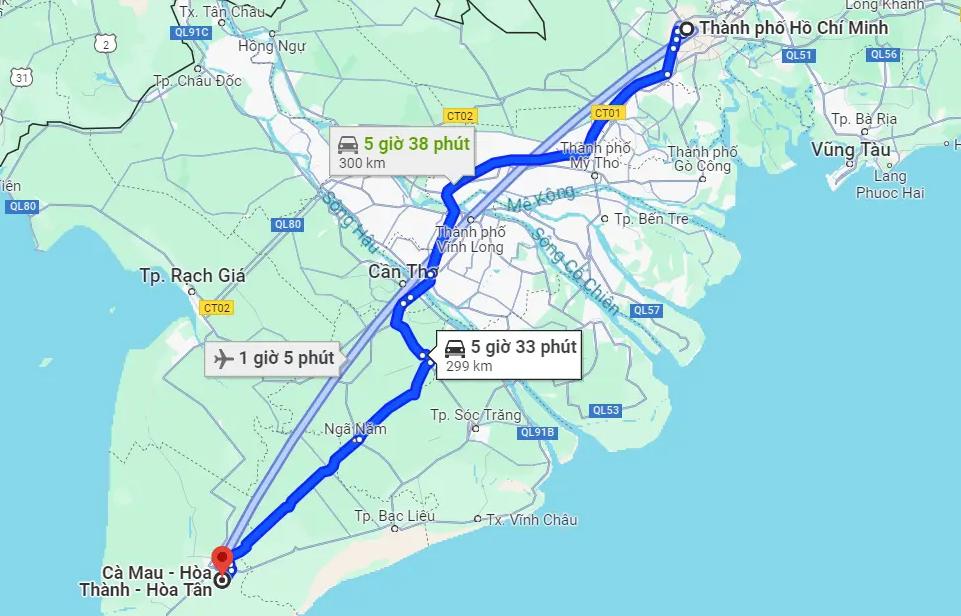 Khoảng cách từ Sài Gòn Cà Mau theo đường bộ là 300km