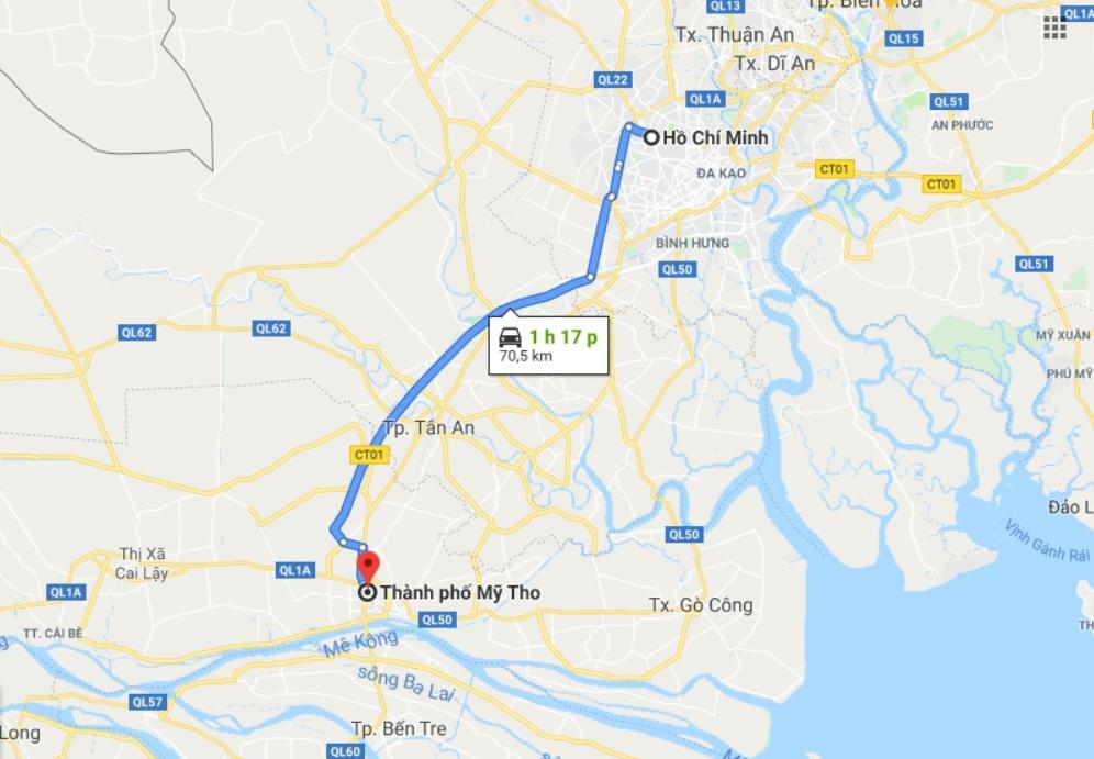 Khoảng cách từ Sài Gòn đến Mỹ Tho qua QL1A là 70km tùy điểm xuất phát và đích đến