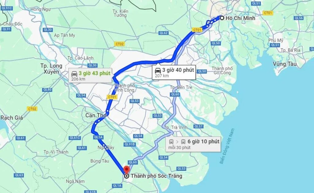 Khoảng cách từ TPHCM đến Sóc Trăng khoảng 200 – 220 km